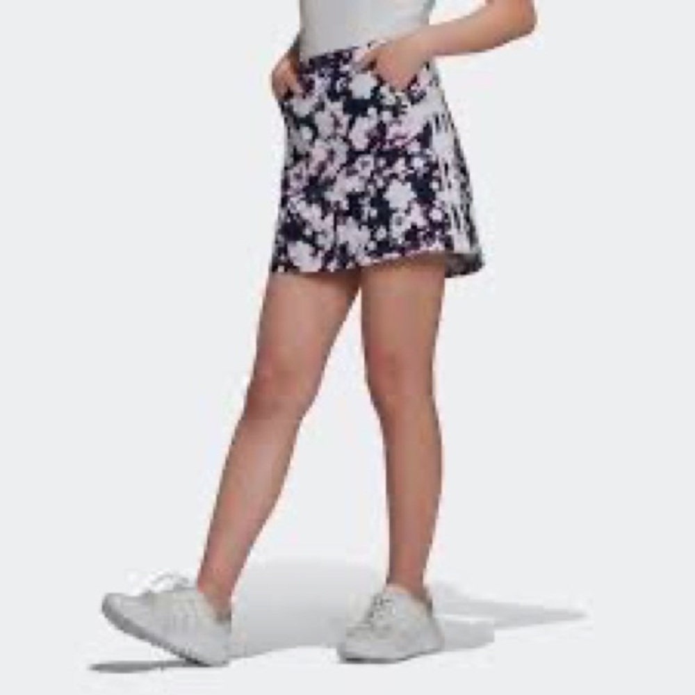 Adidas | Bleached-out Floral Print Cotton Navy Pink White Snap Skirt